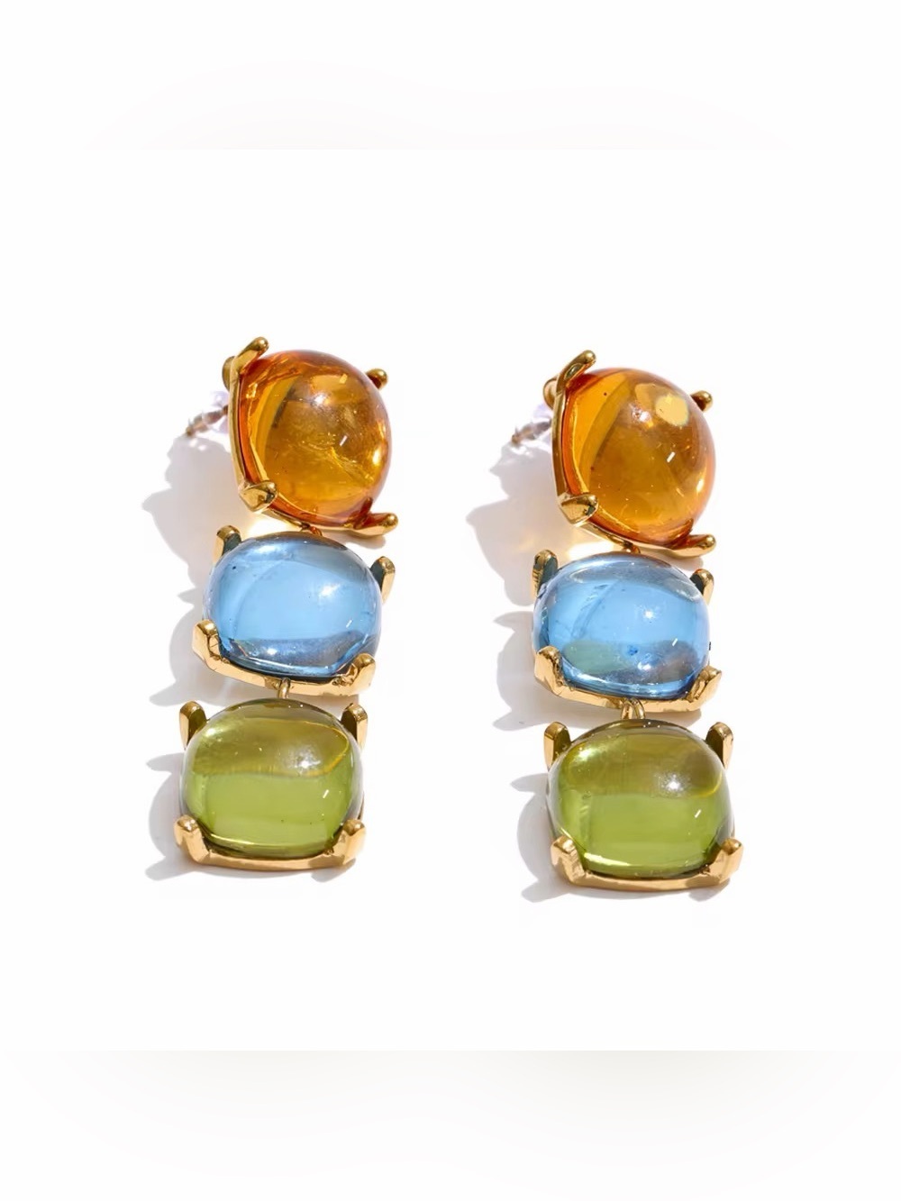Colorful Triple Stone Drop Earrings – Gold Plated Stainless Steel